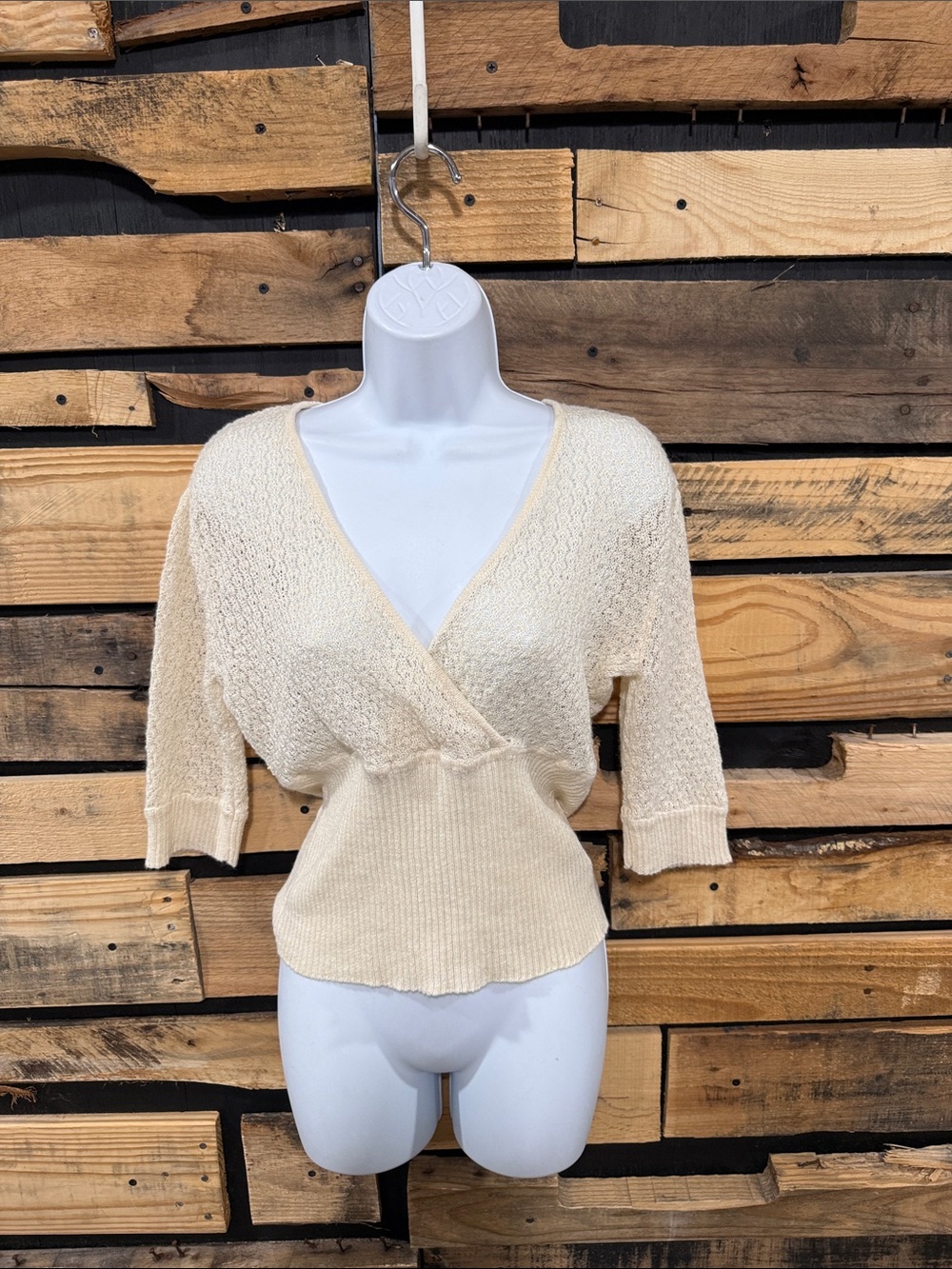 Y2K Vintage Ivory Surplice Knit V Neck 3/4 Sleeve Anthropologie Sweater Large‎